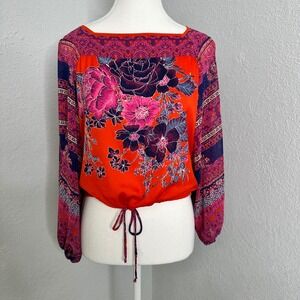 Free People Blue Nile Boho Floral Print Long Sleeve Square Neck Crop‎ womens XS
